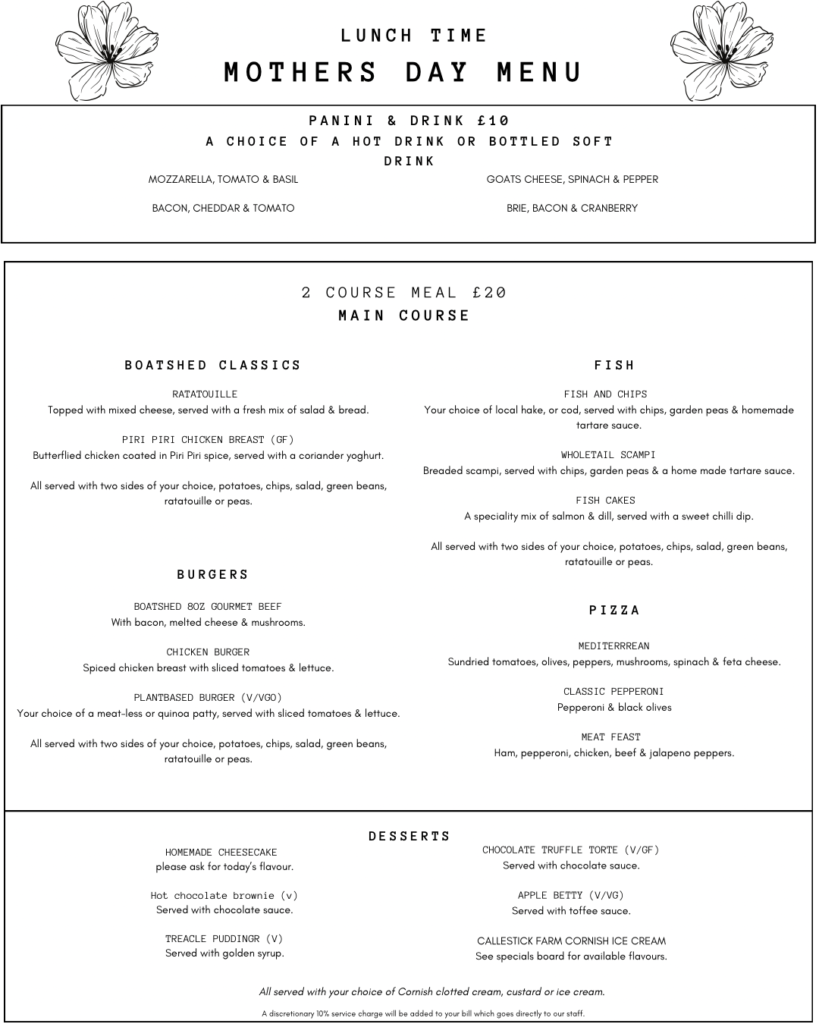 A lunch time mothers day menu, with a choice of a 1 or 2 course meal.