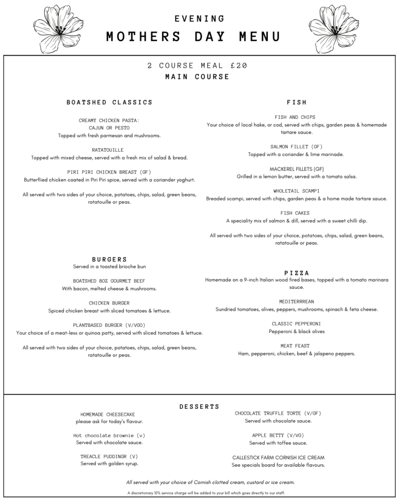 An evening Mothers day menu, 2 courses for £20.